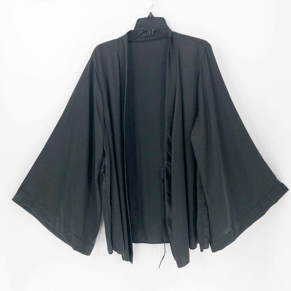 Oh La La Cheri Womens Silky Robe Size 1X/2X Black Long Sleeve Open Front Drape